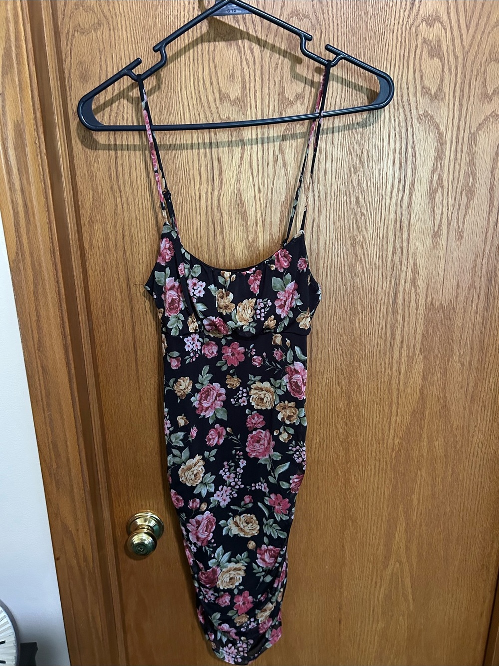 Floral Spaghetti Strap Midi Dress - Black with Pink & Cream Roses